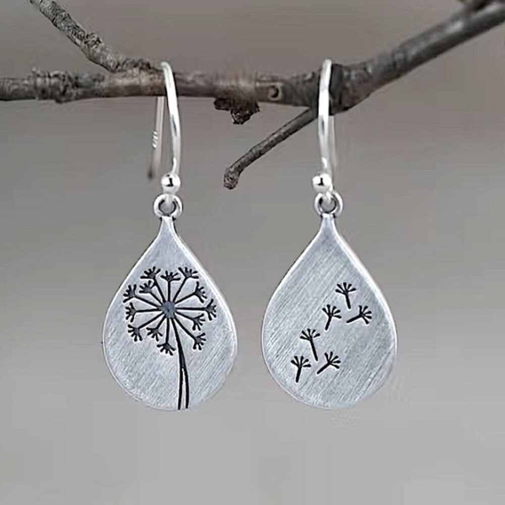 Silver Dandelion Flower Handcarved Textured Seed Earrings